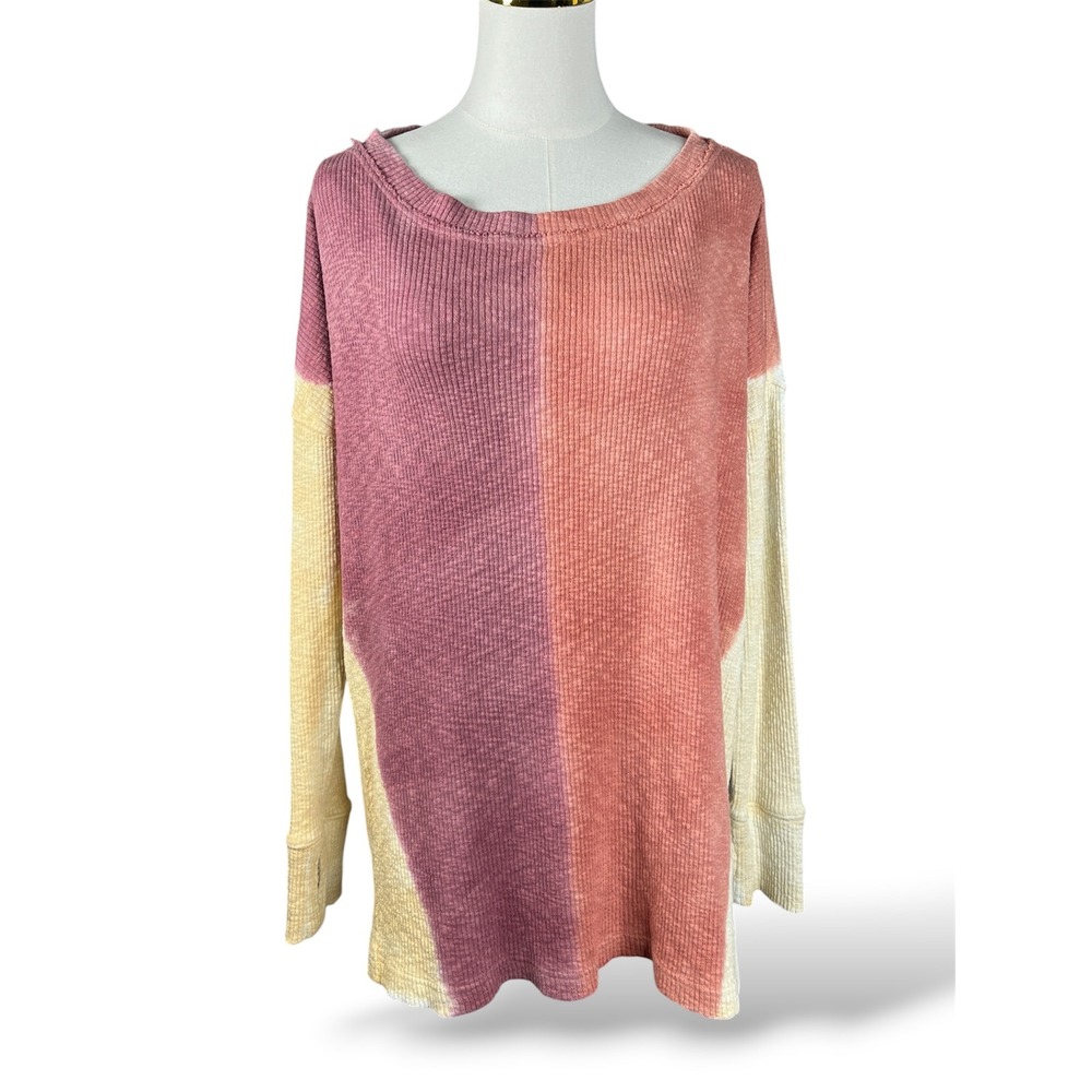 We The Free Free People Colorblock Thermal Waffle Knit Top Plum Coral Small
